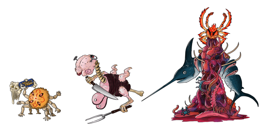 Food Demons "Piemon", "Astaroast", and "Luseafood"